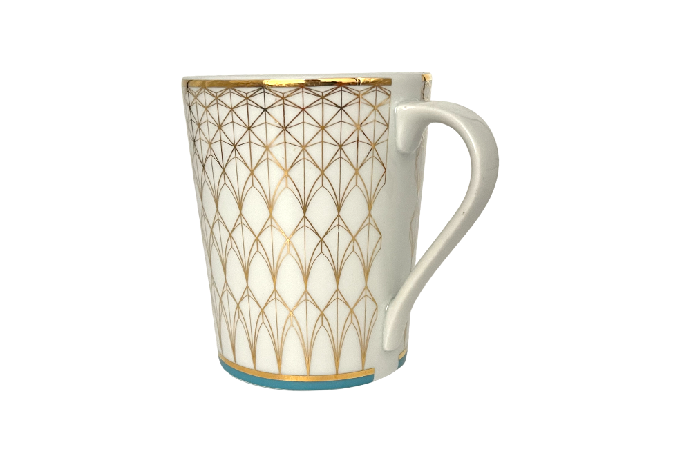 VERONA Teetasse mit goldenen und türkisen geometischen Design, Ansicht ganze Tasse