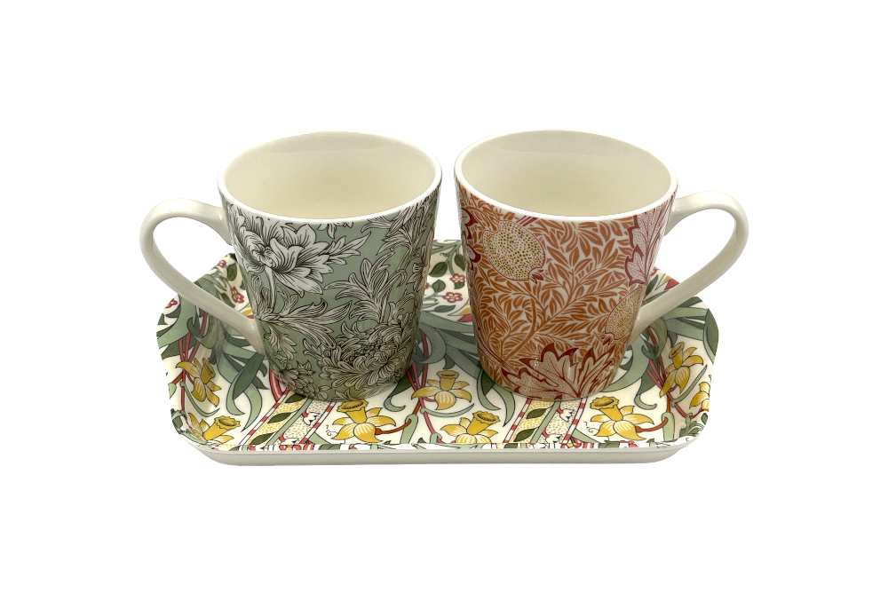 zwei Teetassen auf einen kleinen Tableau, im Design von William Morris, Seitliche Ansicht