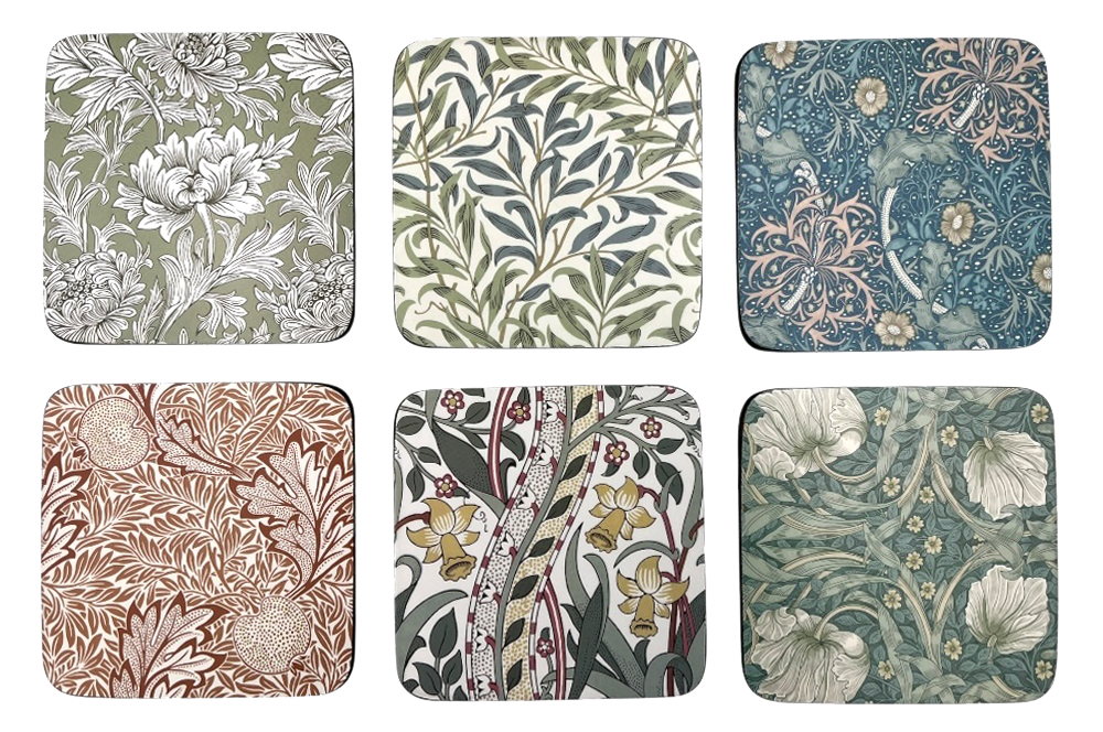 6 Untersetzer mit floralen Designs von William Moris im Art Deco Styl - ansicht alle 6 Untersetzer von oben