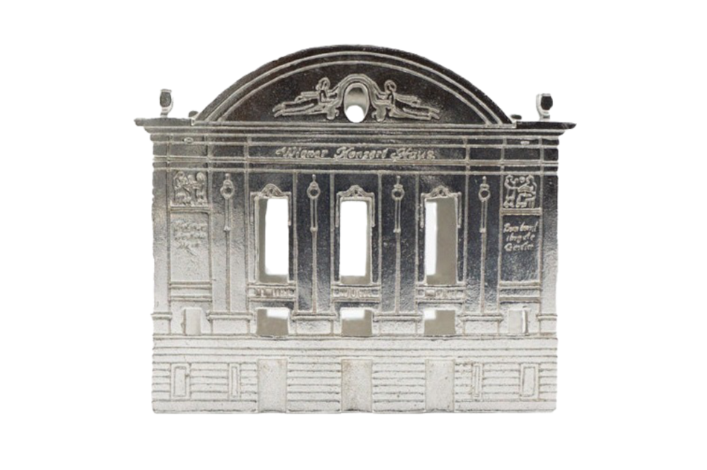 zelltelhalter aus Zinn mit der Fassade des Konzerthaus Wien, Direkte Draufsicht