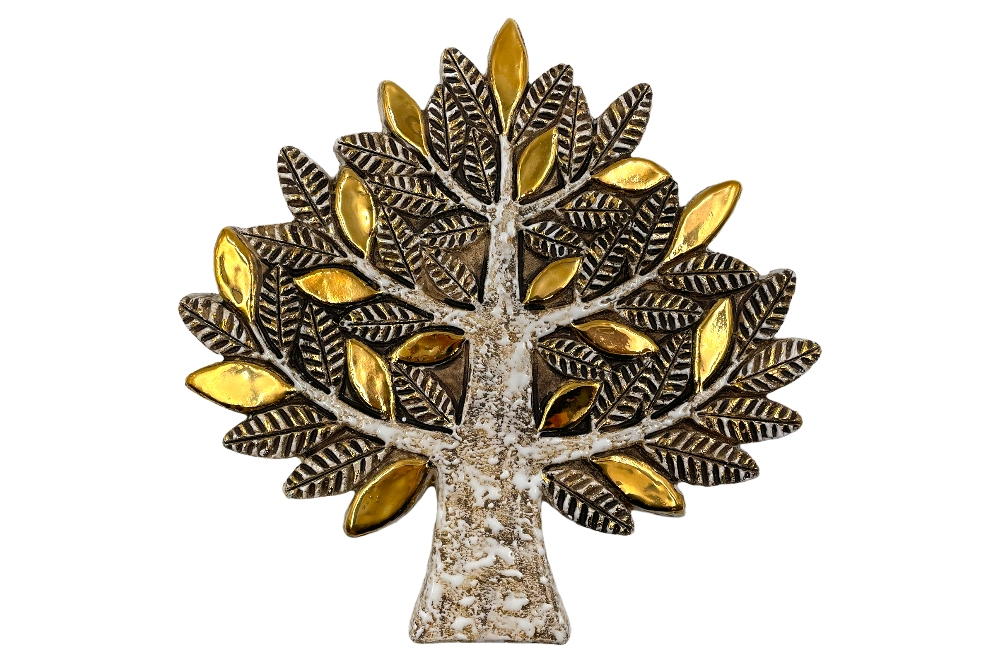 lebensbaum aus kermaik, blätter in gold bemalen