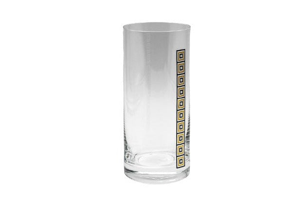 Wasserglas aus der ÖW COLLECTION im zweier Set, Ansicht ganzes glas mit dezenten Aufdruck von schwarzen und goldenen Quadraden